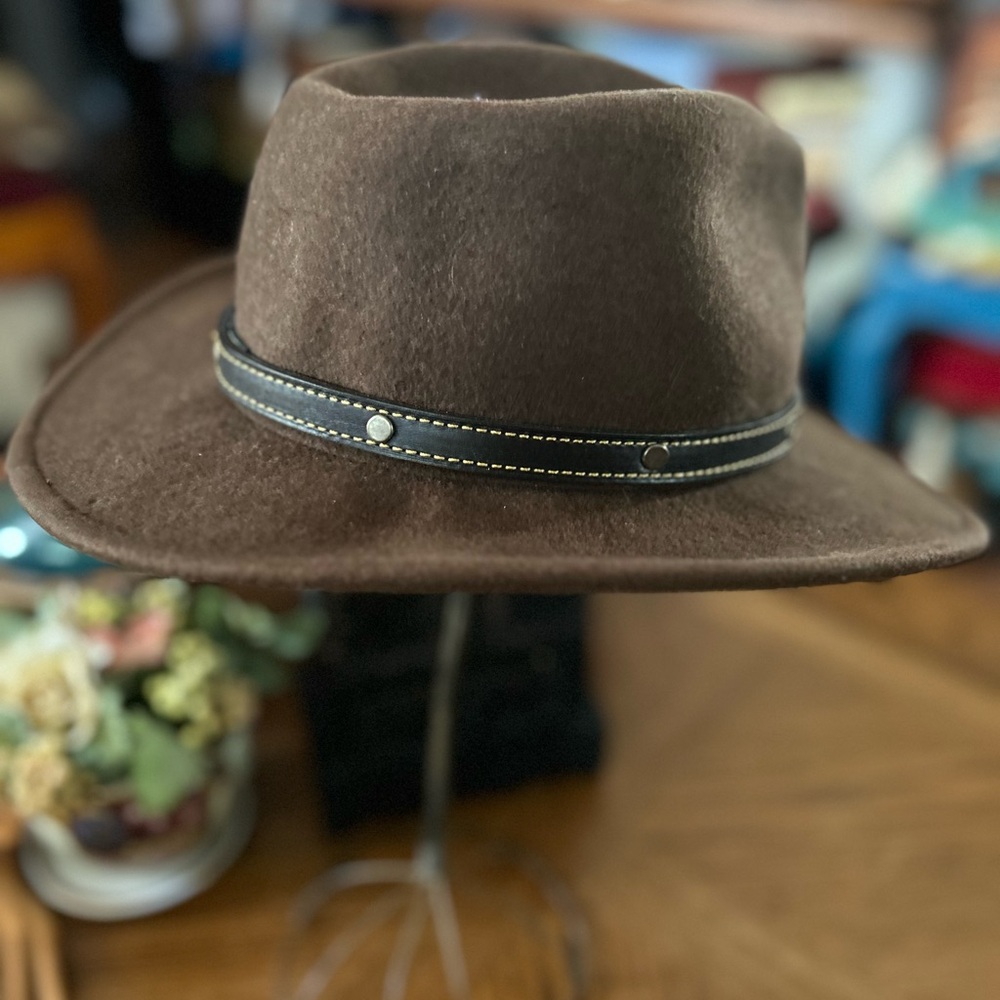 Vintage Brown Wool Cowboy Hat with Leather Band & Feather Accent - Picture 9 of 14